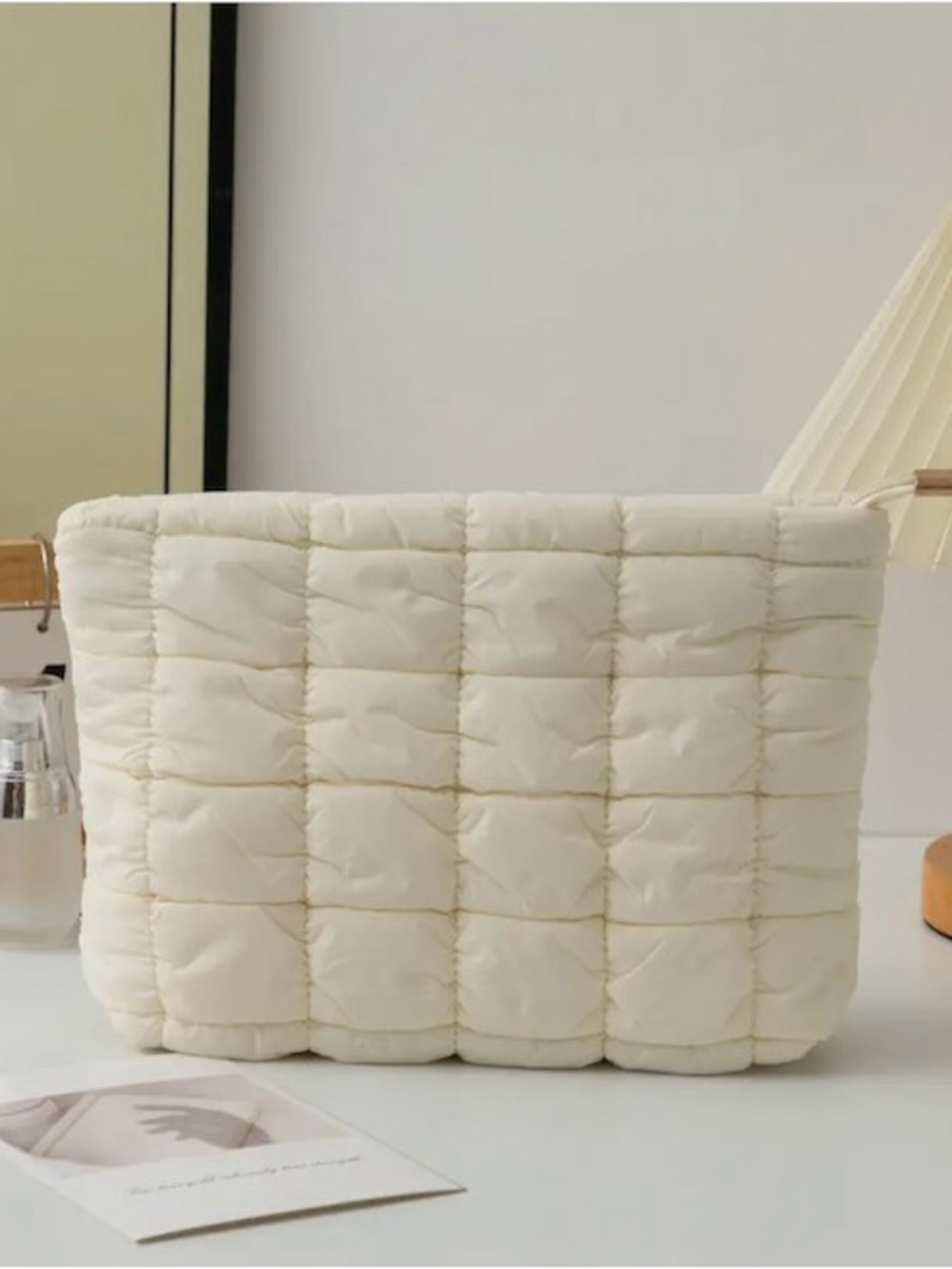 Quilted Cream Puffer Cosmetic Pouch